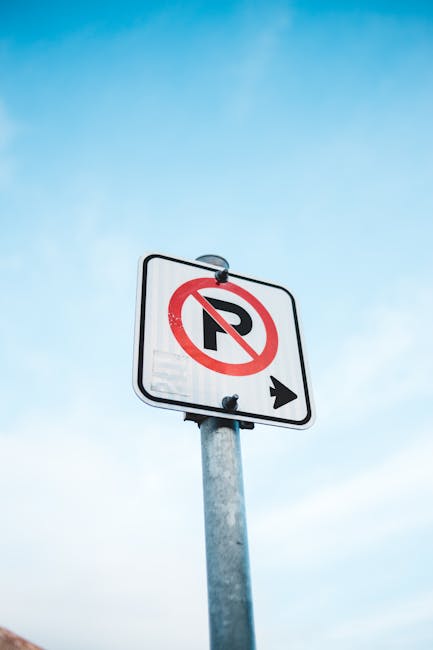 A metal street sign attached to a grey pole indicates no parking with a red circle and slash over a black 'P' symbol, and features a small black arrow pointing to the right. The background shows a day